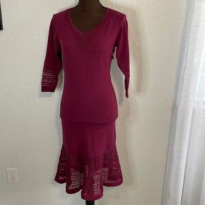 Zac Posen Burgundy Cotton Knit 3/4 Sleeve Fir Flare Dress M